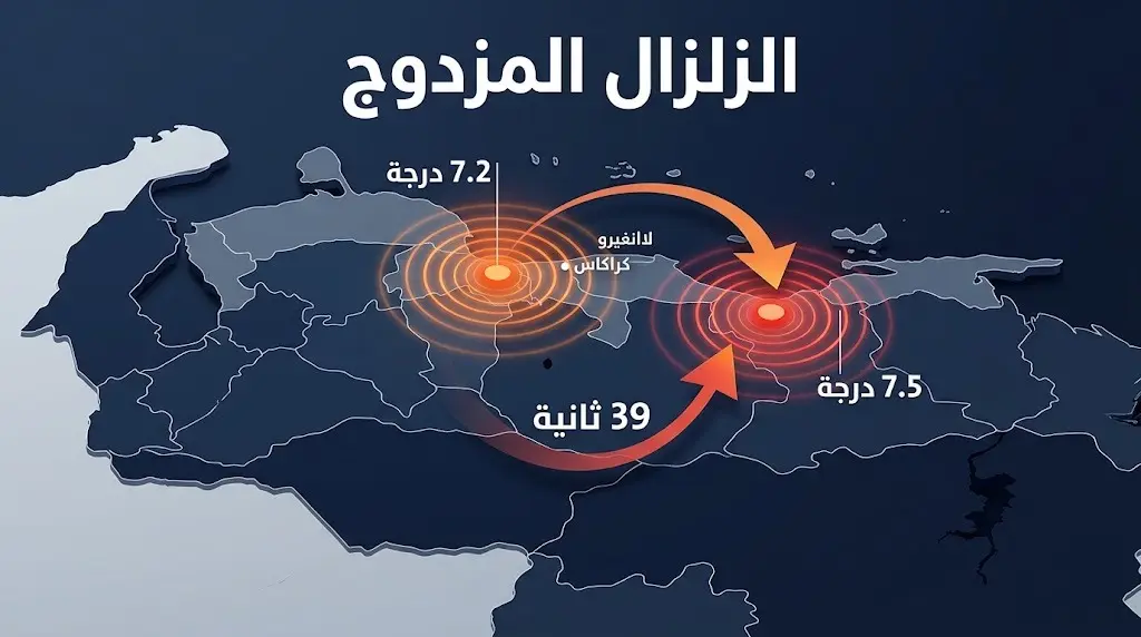 إنفوجرافيك يوضح تفاصيل الزلزال المزدوج في فنزويلا بقوة 7.2 و7.5 درجة بفاصل 39 ثانية في ولاية لا غوايرا.