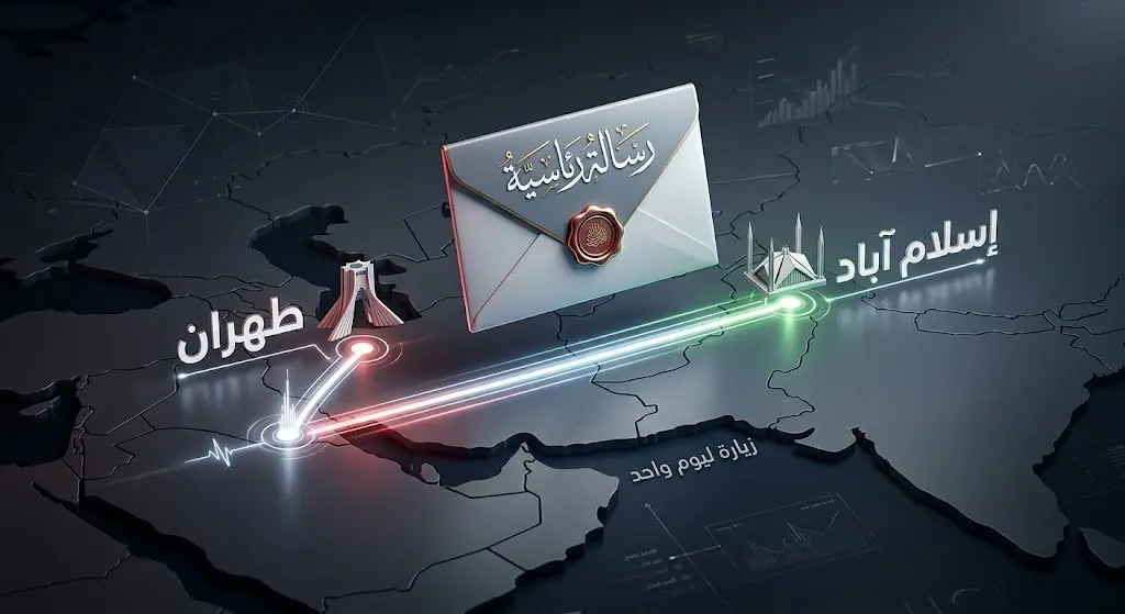 تصميم بصري يستعرض تفاصيل الزيارة الدبلوماسية الإيرانية السريعة إلى إسلام آباد لنقل الرسالة الرئاسية.