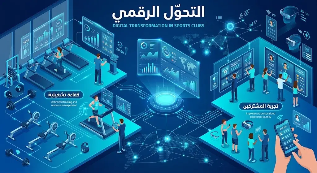 إنفوجرافيك يوضح دمج التقنيات الحديثة في الأندية الرياضية ومبادرات التحول الرقمي لتحسين تجربة المشتركين.