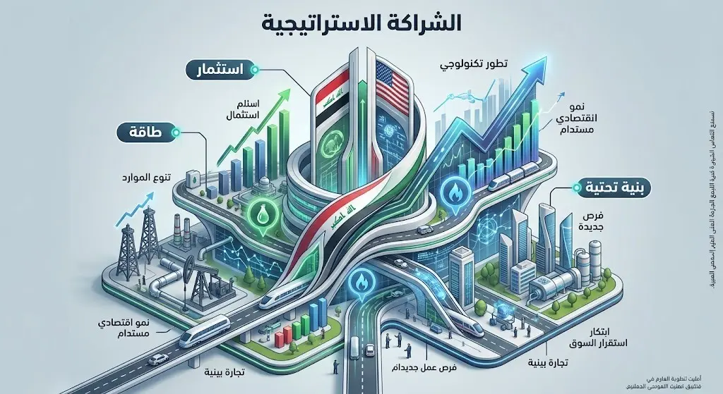 تصميم إنفوجرافيك يجسد انتقال العلاقات العراقية الأمريكية نحو الشراكة الاقتصادية والاستثمارية في مجالات الطاقة والبنية التحتية.