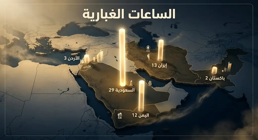 إنفوجرافيك خريطة ثلاثية الأبعاد يوضح عدد الساعات الغبارية في دول الإقليم ليوم 7 يوليو، تتصدرها السعودية بـ 29 ساعة ثم إيران واليمن.