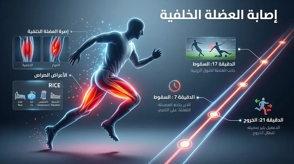 إنفوجرافيك طبي يوضح تفاصيل إصابة إسماعيل صيباري في العضلة الخلفية وتوقيت خروجه من المباراة.