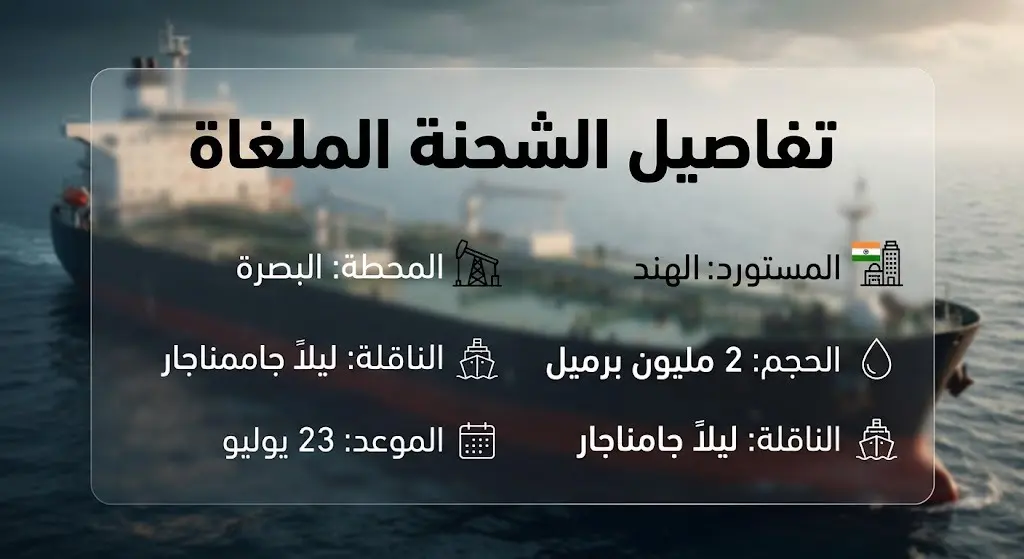 إنفوجرافيك يستعرض تفاصيل شحنة النفط العراقية الملغاة بحجم مليوني برميل والمخصصة لمؤسسة النفط الهندية.