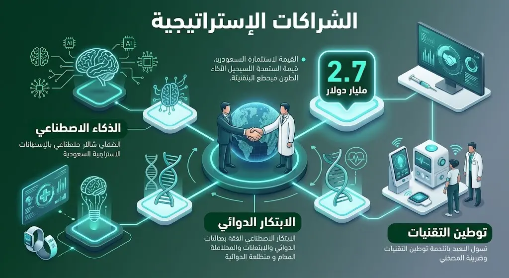 إنفوجرافيك يوضح تفاصيل الشراكات الإستراتيجية السعودية في قطاع التقنية الحيوية والابتكار الدوائي وتوقعات حجم السوق بـ 2.7 مليار دولار.