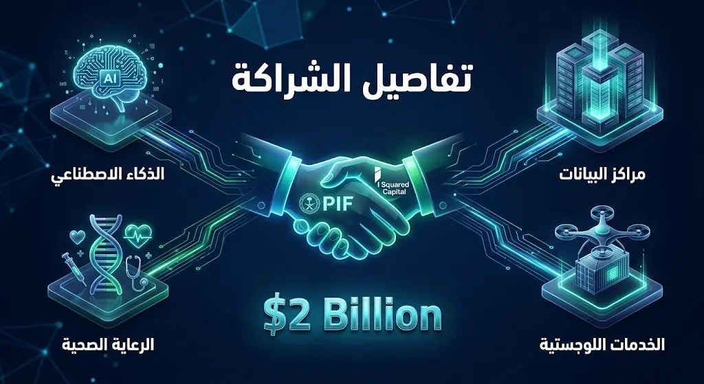 إنفوجرافيك يوضح توزيع استثمارات صندوق الاستثمارات العامة وشركة آي سكوايرد بقيمة ملياري دولار على قطاعات الذكاء الاصطناعي، مراكز البيانات، الرعاية الصحية، والخدمات اللوجستية.