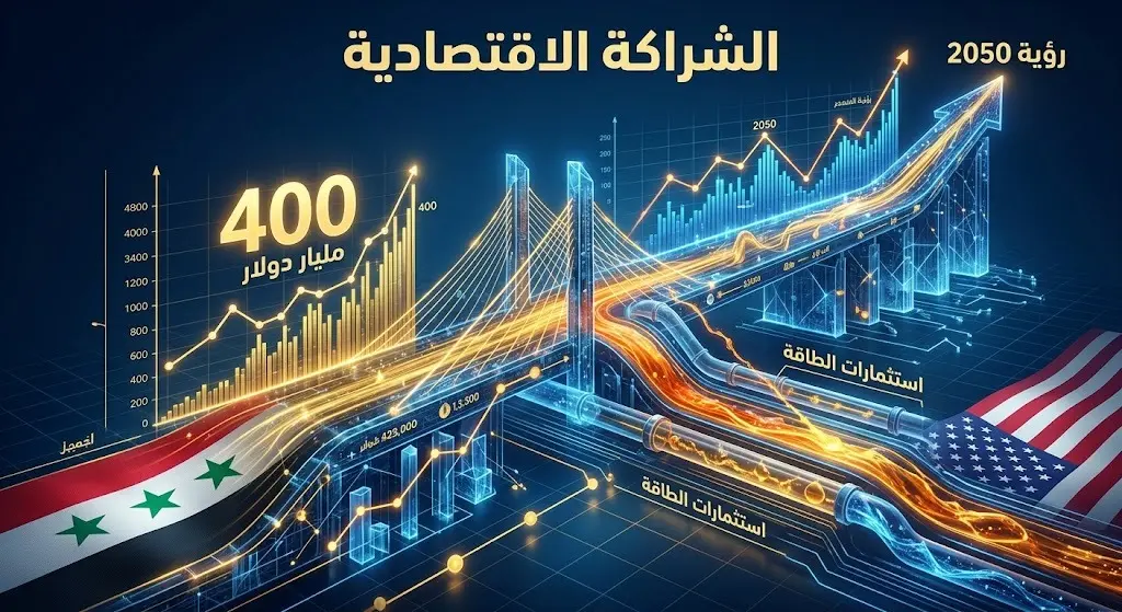 تصميم إنفوجرافيك يوضح حجم الشراكة الاقتصادية بين العراق والولايات المتحدة بتمويل يقدر بـ 400 مليار دولار ضمن رؤية 2050.
