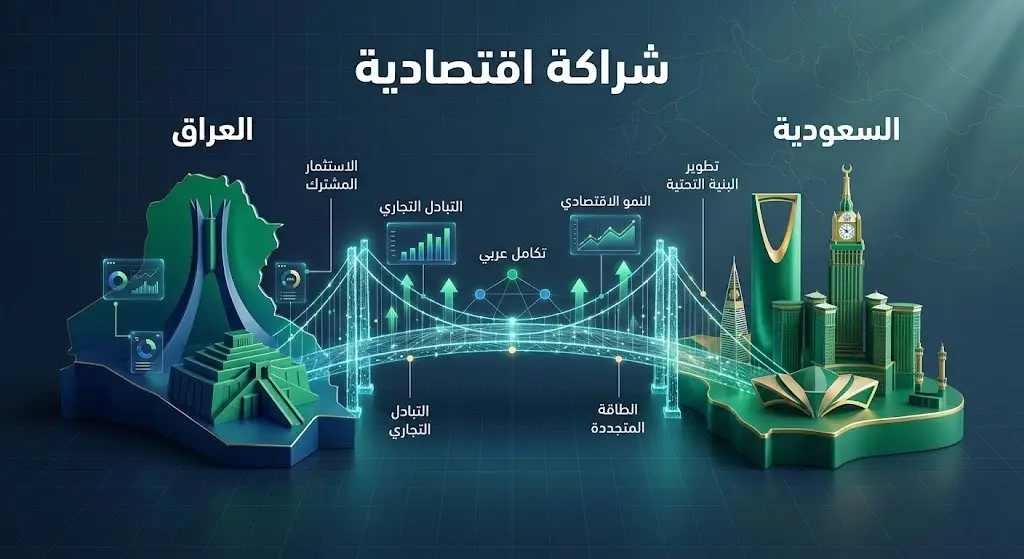 تصميم إنفوجرافيك تعبيري يجسد الشراكة الاقتصادية والسياسية بين العراق والمملكة العربية السعودية بخطوط عربية واضحة وعناصر بصرية حديثة تربط بين البلدين.