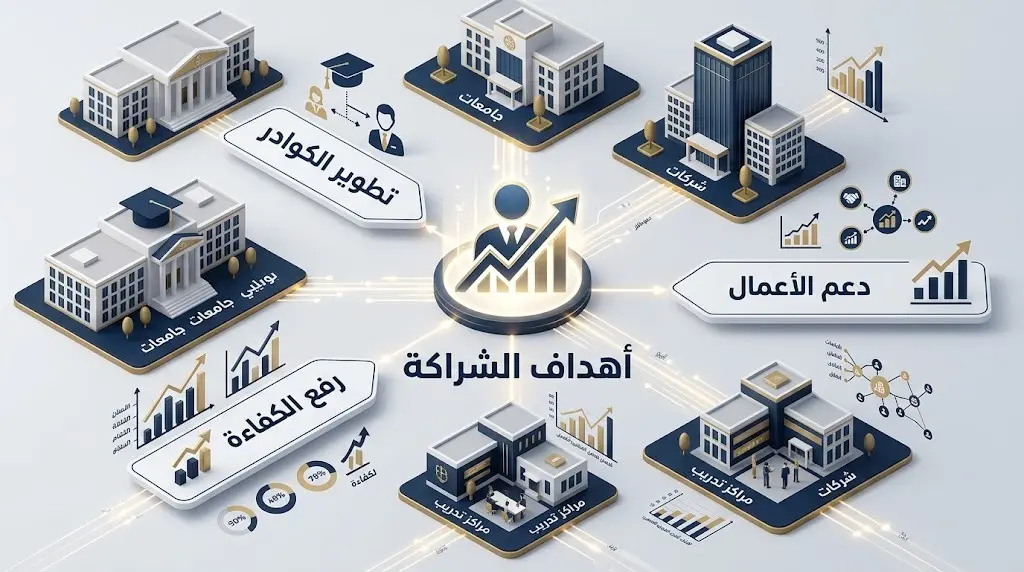 إنفوجرافيك احترافي يستعرض تفاصيل الشراكة وأهدافها المتمثلة في تطوير الكوادر الوطنية، رفع كفاءة العاملين، ودعم قطاع الأعمال.