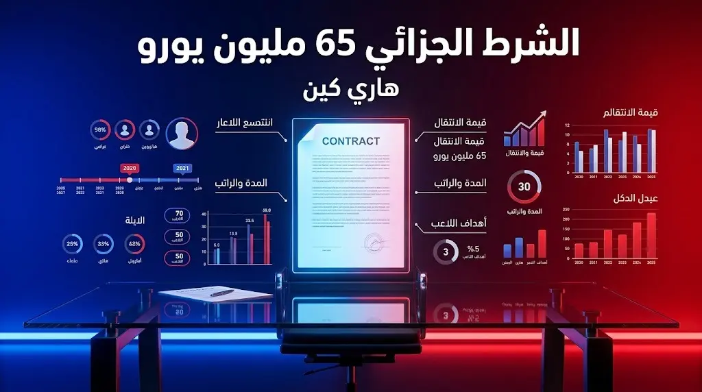 إنفوجرافيك احترافي يوضح تفاصيل الشرط الجزائي المالي البالغ 65 مليون يورو في عقد هاري كين وتضارب الأنباء حوله.