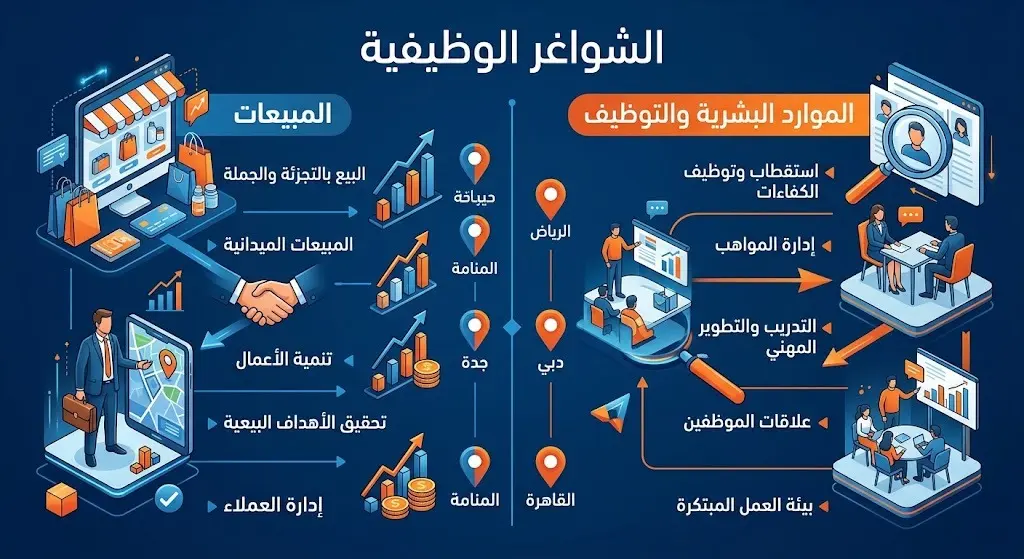 إنفوجرافيك يوضح تفاصيل الشواغر الوظيفية في شركة نابكو الوطنية، مقسمة إلى مساري المبيعات والموارد البشرية في الرياض وجدة والدمام.