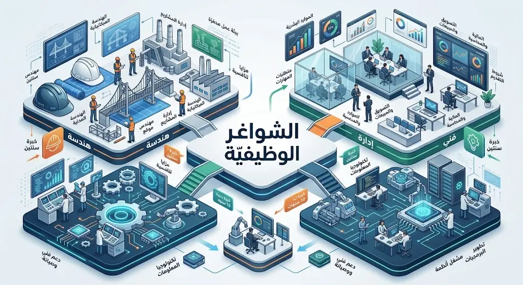 إنفوجرافيك بياني يوضح تفاصيل الشواغر الوظيفية والمؤهلات المطلوبة موزعة على المجالات الهندسية والفنية والإدارية