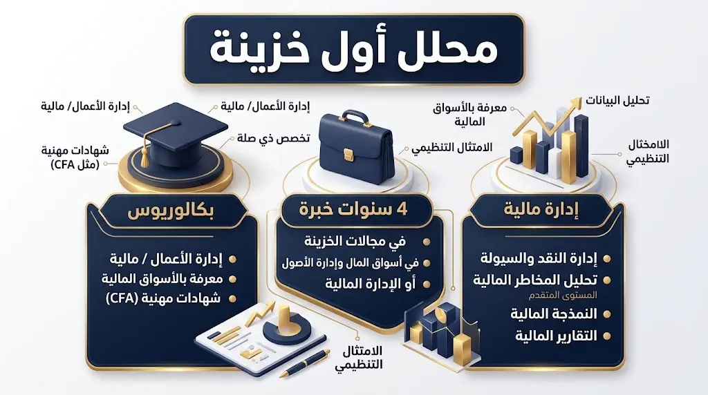 إنفوجرافيك يوضح المؤهلات والتخصصات الأكاديمية وسنوات الخبرة المطلوبة لوظيفة محلل أول خزينة