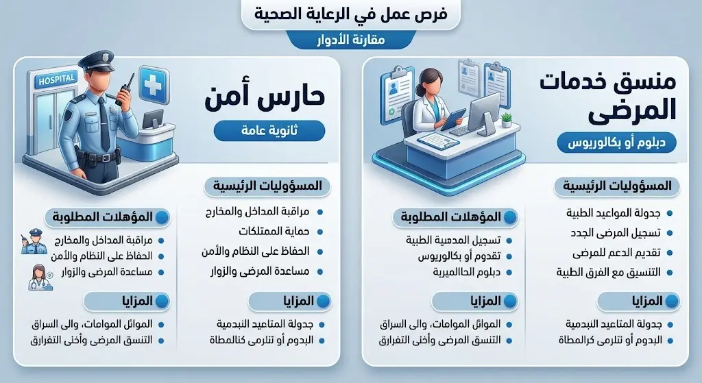 إنفوجرافيك يوضح تفاصيل الشواغر الوظيفية ومتطلبات القبول لوظيفتي حارس أمن ومنسق خدمات المرضى في شركة رعاية.