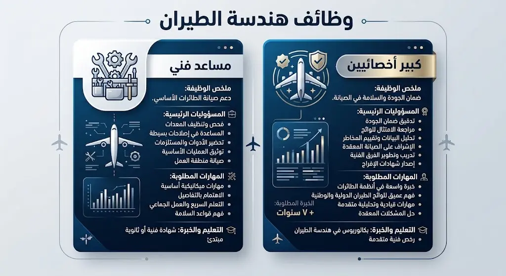 إنفوجرافيك يوضح مقارنة تفصيلية لشروط ومتطلبات الشواغر الوظيفية في صيانة الطيران بين المبتدئين وذوي الخبرة.