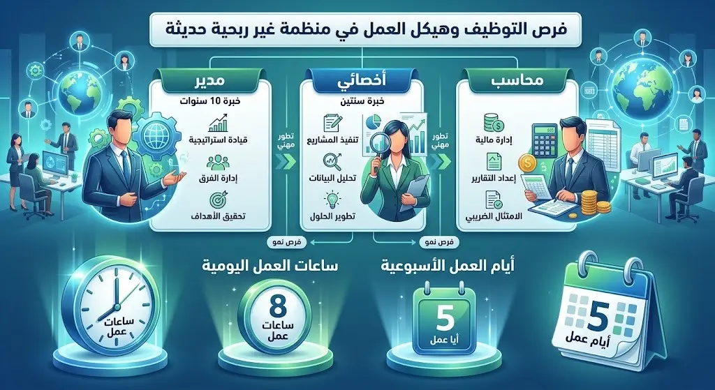 إنفوجرافيك احترافي يوضح تفاصيل الشواغر الوظيفية المتاحة وسنوات الخبرة المطلوبة لكل وظيفة ونظام ساعات العمل الأسبوعية