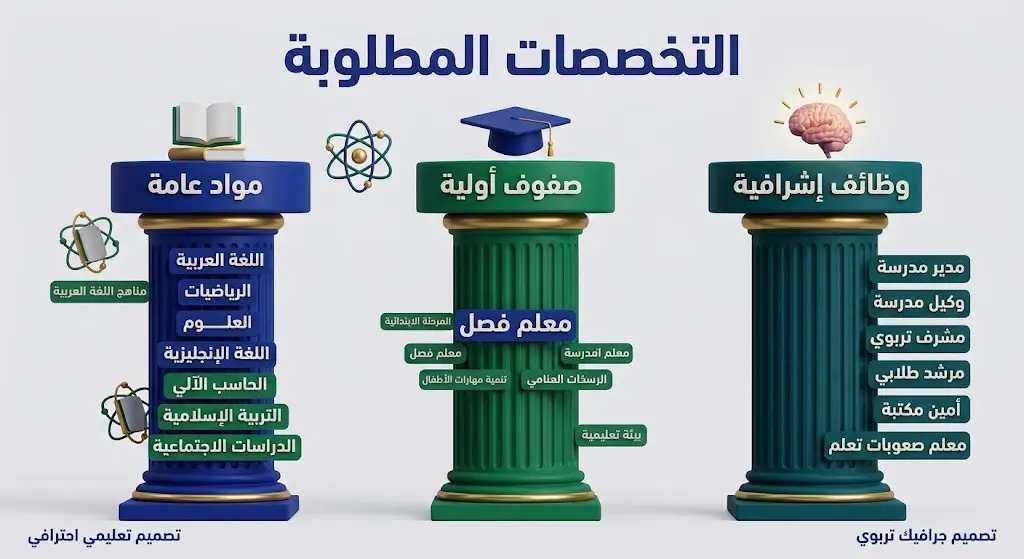 إنفوجرافيك يوضح التخصصات التعليمية والإشرافية المطلوبة في مدارس الخندق الأهلية مقسمة إلى ثلاث فئات رئيسية.