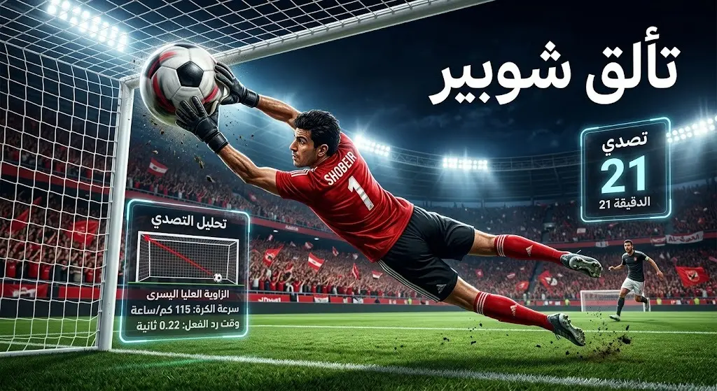 تصميم يبرز تصدي الحارس المصري مصطفى شوبير لركلة جزاء في الشوط الأول