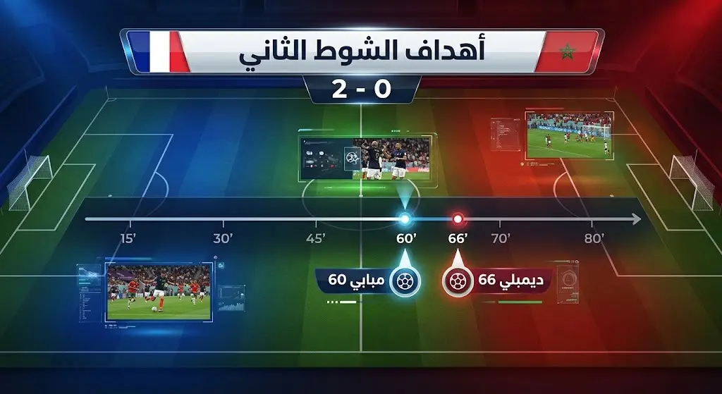 إنفوجرافيك يستعرض تفاصيل الشوط الثاني من مباراة المغرب وفرنسا، موضحاً نتيجة المباراة وتوقيت هدفي مبابي وديمبلي.