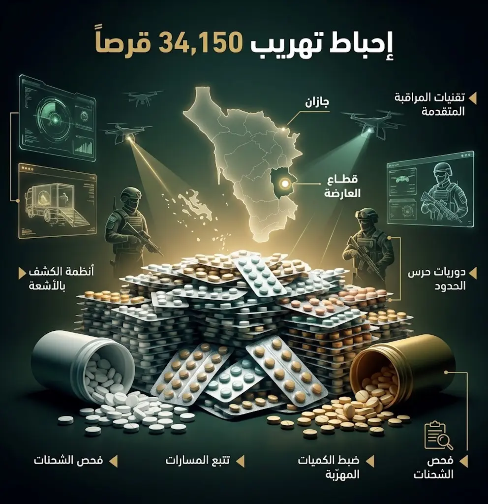 إنفوجرافيك يوضح تفاصيل إحباط تهريب 34,150 قرصاً طبياً في قطاع العارضة بمنطقة جازان والقبض على المخالف.