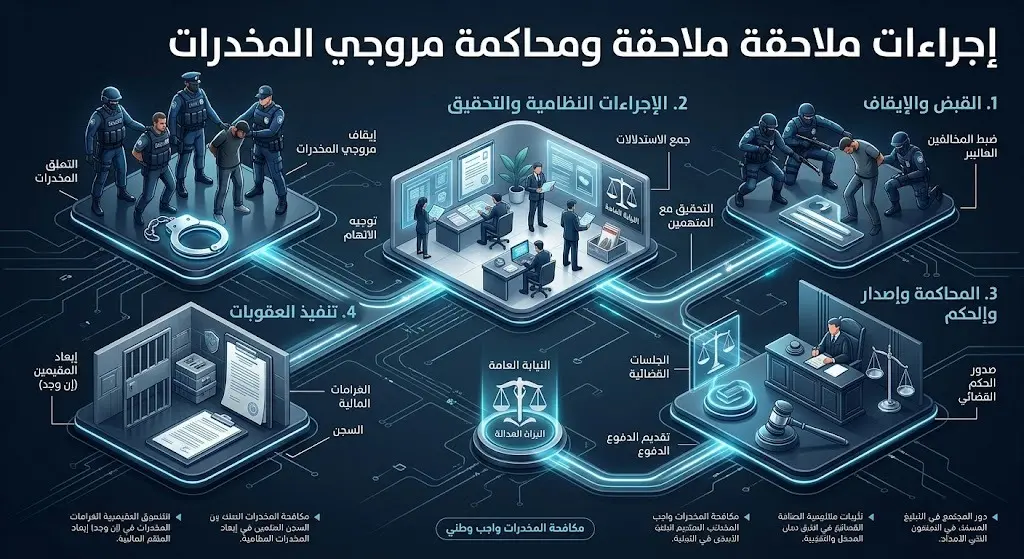إنفوجرافيك يوضح الإجراءات النظامية المتخذة بحق مروجي المخدرات بدءاً من الإيقاف وحتى الإحالة للنيابة العامة.