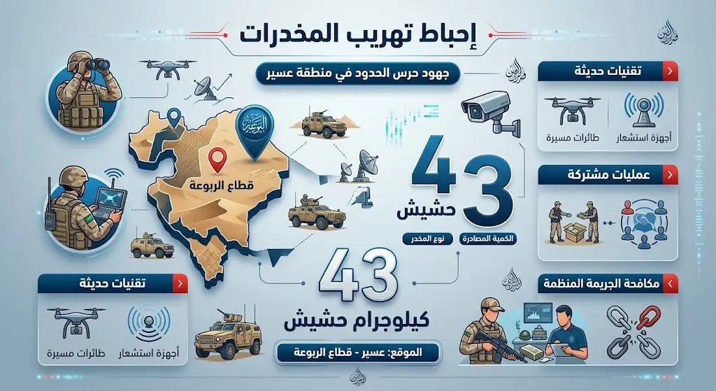 إنفوجرافيك أمني يوضح تفاصيل إحباط حرس الحدود لمحاولة تهريب 43 كيلوجراماً من الحشيش في قطاع الربوعة بمنطقة عسير