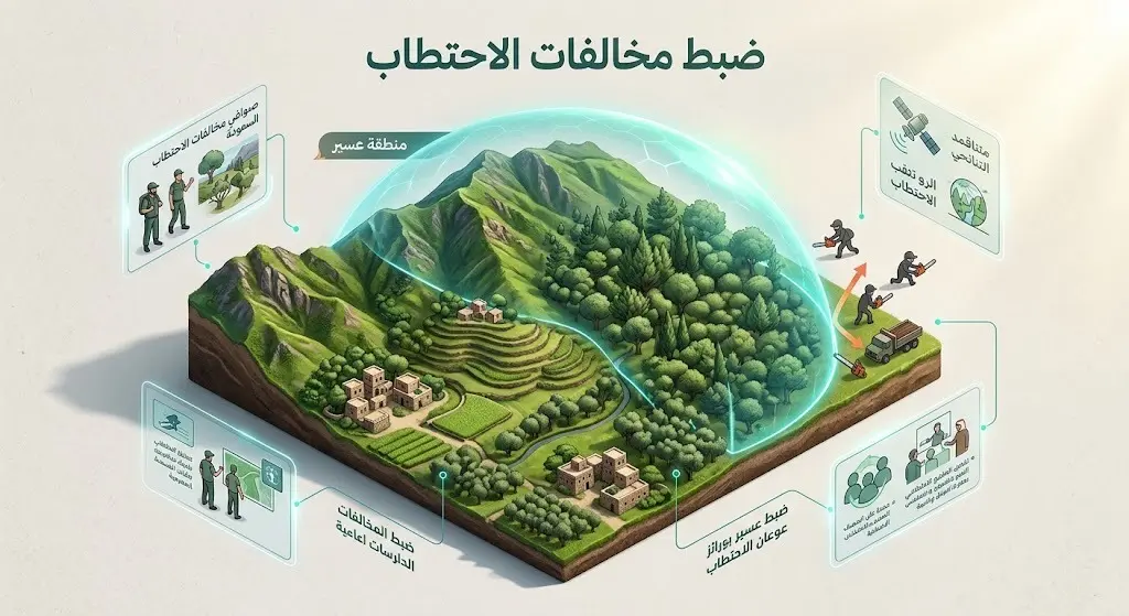 رسم تعبيري يوضح جهود القوات الخاصة للأمن البيئي في حماية الغطاء النباتي ومنع الاحتطاب في منطقة عسير