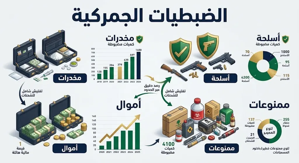 إنفوجرافيك يوضح بالأرقام والفئات تفاصيل الضبطيات الجمركية من مواد مخدرة ومحظورة وأسلحة وأموال.