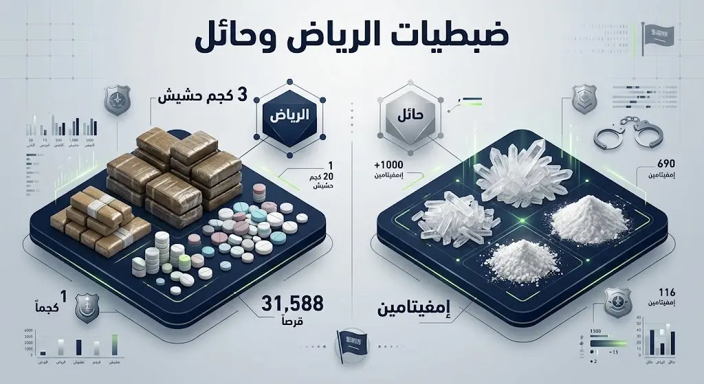 إنفوجرافيك بياني حديث يعرض تفاصيل ضبطيات مكافحة المخدرات في منطقتي الرياض وحائل، مبرزاً الأرقام وأنواع المواد الممنوعة التي تمت مصادرتها.