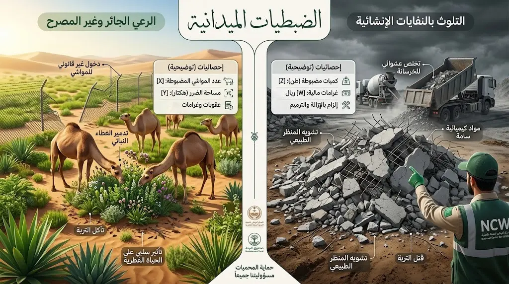تصميم بصري يقارن بين مخالفات الرعي الجائر للإبل في المحميات الطبيعية وتلويث التربة بالخرسانة.