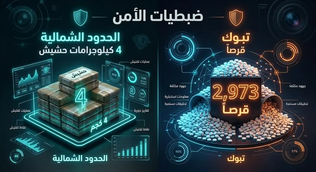 إنفوجرافيك بياني يوضح تفاصيل ضبطيات المخدرات الأخيرة في منطقتي الحدود الشمالية وتبوك والكميات المضبوطة.