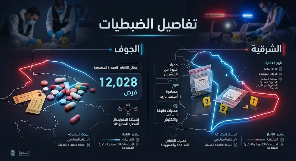 إنفوجرافيك احترافي يوضح تفاصيل الضبطيات الأمنية للمخدرات في المنطقة الشرقية والجوف مع أرقام وأنواع الممنوعات المصادرة.
