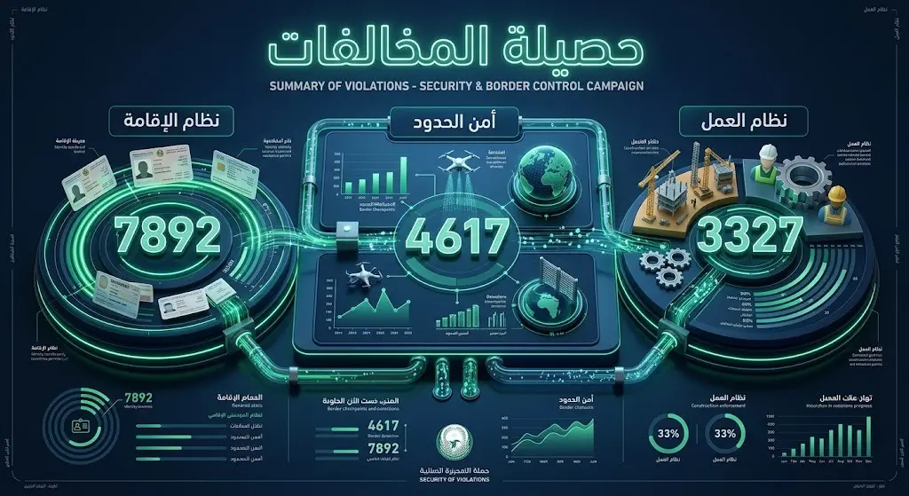 إنفوجرافيك بياني يعرض تفاصيل أعداد المخالفين المضبوطين موزعين حسب نوع المخالفة لنظام الإقامة وأمن الحدود والعمل.