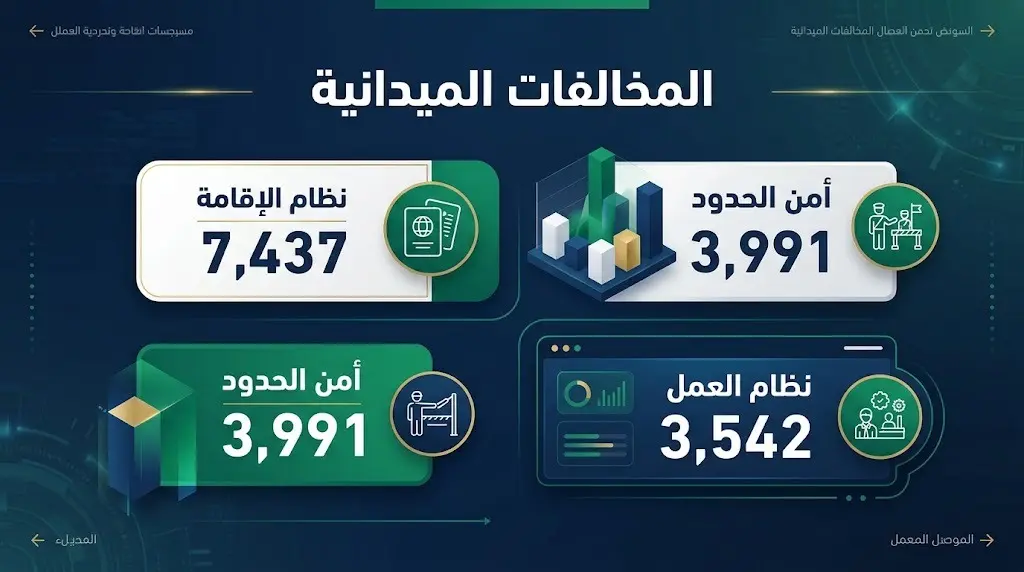 إنفوجرافيك بياني يوضح بالأرقام تفاصيل الضبطيات وتوزيع المخالفين بحسب نوع المخالفة لنظام الإقامة وأمن الحدود والعمل.