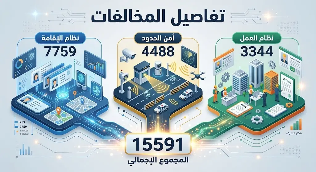 إنفوجرافيك تفاعلي يوضح تفاصيل أعداد مخالفي أنظمة الإقامة والعمل وأمن الحدود المضبوطين في الحملات الميدانية