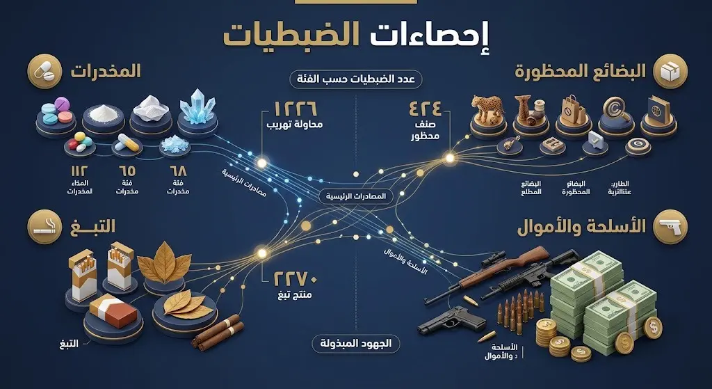 إنفوجرافيك احترافي يعرض إحصاءات ضبطيات هيئة الزكاة والضريبة والجمارك بأرقام دقيقة وتصنيفات للمواد المصادرة.