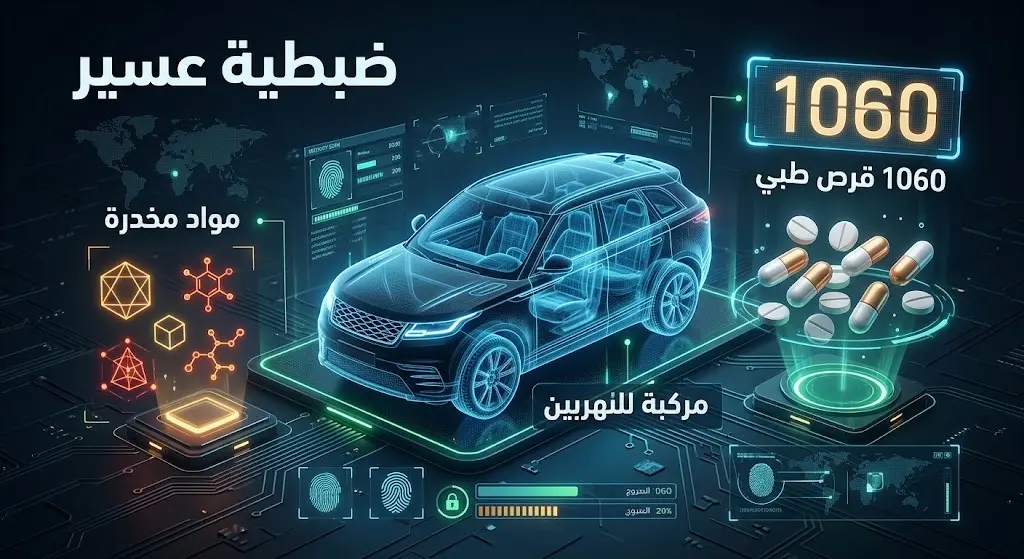 إنفوجرافيك يوضح تفاصيل الضبطية الأمنية في منطقة عسير والتي أسفرت عن مصادرة 1060 قرصاً طبياً ومواد مخدرة.