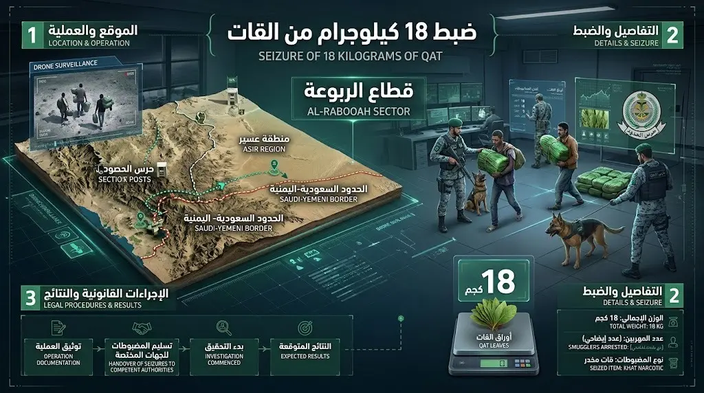 إنفوجرافيك أمني يوضح تفاصيل ضبط 18 كيلوجراماً من القات المخدر في قطاع الربوعة والقبض على المخالفين.