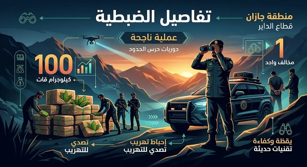 تصميم إنفوجرافيك يوضح تفاصيل ضبطية حرس الحدود في قطاع الدائر، متضمناً أرقام كمية القات المخدر المضبوطة وعدد المخالفين المقبوض عليهم.