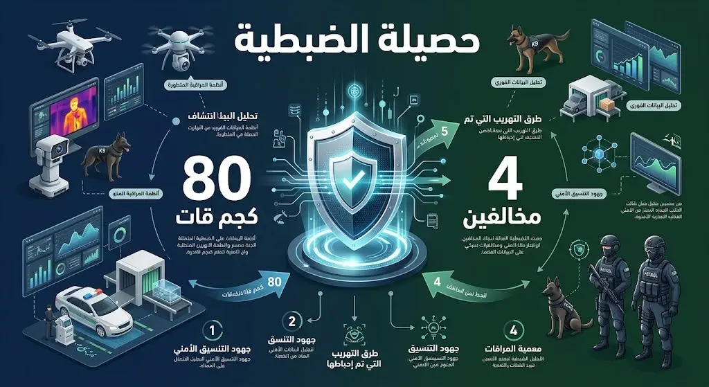 إنفوجرافيك يوضح تفاصيل إحباط تهريب 80 كيلوجراماً من القات المخدر والقبض على 4 مخالفين لنظام أمن الحدود.