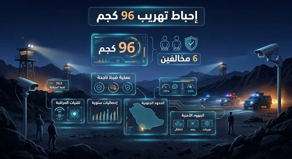 إنفوجرافيك أمني يستعرض تفاصيل إحباط تهريب 96 كيلوجراماً من القات المخدر والقبض على 6 مخالفين في قطاع العارضة بجازان.