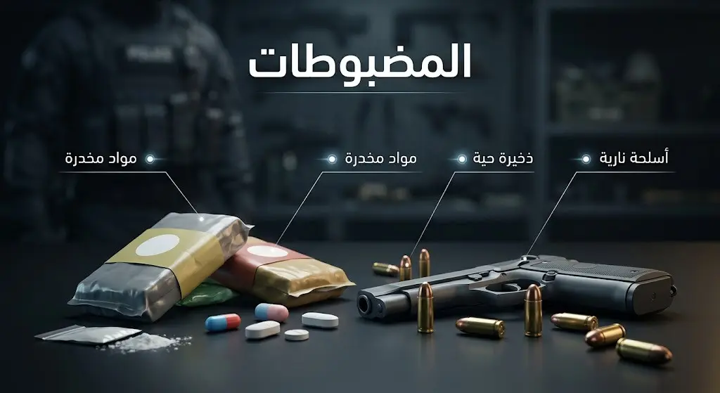 إنفوجرافيك يستعرض تفاصيل المضبوطات الأمنية من أسلحة نارية وذخيرة ومواد مخدرة.