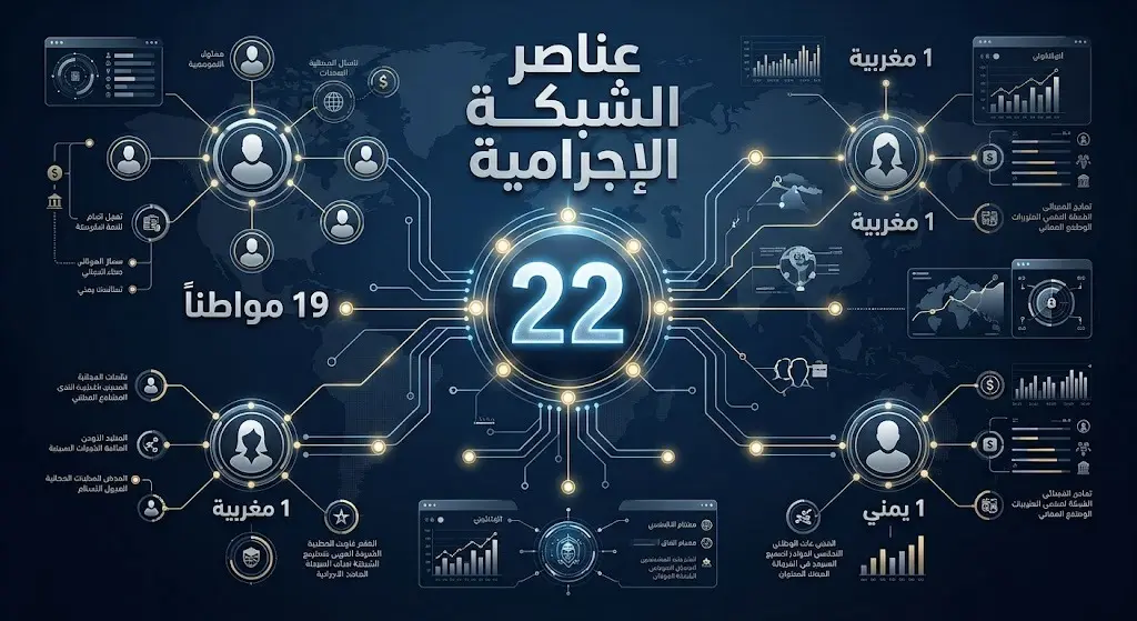 إنفوجرافيك احترافي يوضح تفاصيل عناصر الشبكة الإجرامية المقبوض عليهم وعددهم 22 شخصاً مقسمين حسب الجنسيات المختلفة.
