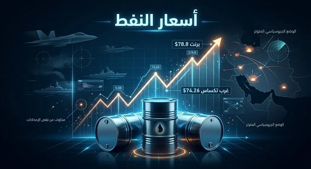 إنفوجرافيك احترافي يوضح صعود أسعار النفط العالمية وتجاوز خام برنت 78 دولاراً للبرميل إثر الضربات العسكرية الأمريكية.