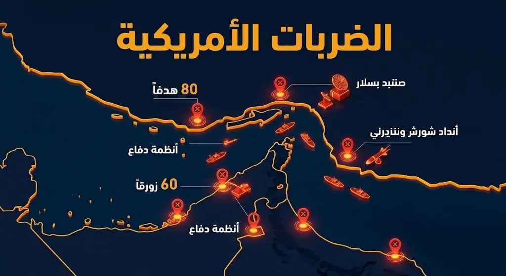 إنفوجرافيك ثلاثي الأبعاد يوضح حجم وتفاصيل الضربات الأمريكية على أكثر من 80 موقعاً إيرانياً في مضيق هرمز، بما في ذلك تدمير الزوارق وأنظمة الرادار.