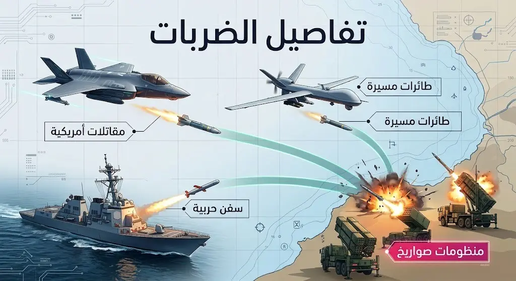تصميم بياني يوضح الأسلحة الأمريكية المستخدمة في الضربات العسكرية ضد منظومات الصواريخ الإيرانية