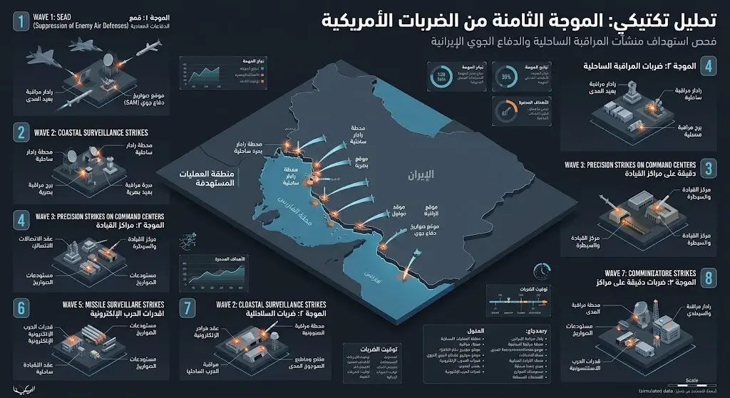إنفوجرافيك يوضح تفاصيل الموجة الثامنة من الضربات العسكرية الأمريكية على منشآت المراقبة والدفاع الجوي الإيرانية.