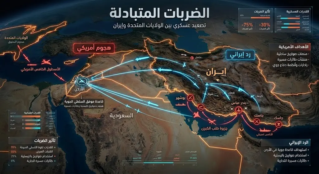 إنفوجرافيك يوضح مسار الضربات العسكرية المتبادلة بين الولايات المتحدة وإيران عبر خريطة جيوسياسية.