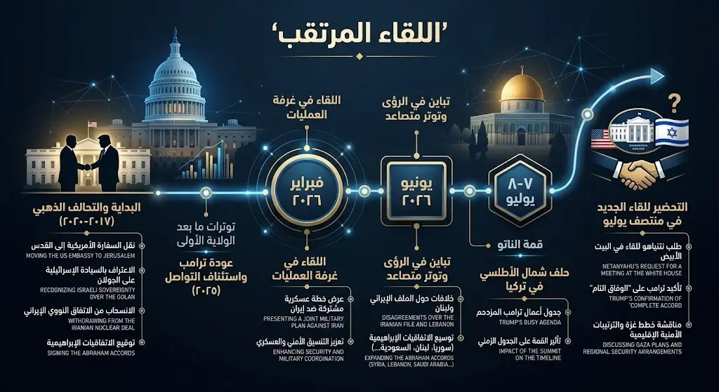 إنفوجرافيك زمني يستعرض مسار العلاقات وتواريخ التواصل بين ترامب ونتنياهو وصولاً للموعد المقترح للقاء المرتقب.