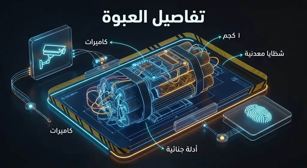 إنفوجرافيك استقصائي يوضح تفاصيل العبوة الناسفة بوزن كيلوجرام واحد وخطوات التحقيق الجنائي في مسرح الحادث بدمشق من تفريغ للكاميرات وجمع للأدلة.