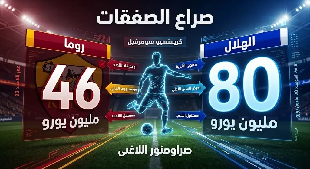 إنفوجرافيك يوضح المقارنة المالية بين عرض نادي الهلال البالغ 80 مليون يورو وعرض نادي روما البالغ 46 مليون يورو لضم اللاعب كريسينسيو سامرفيل.